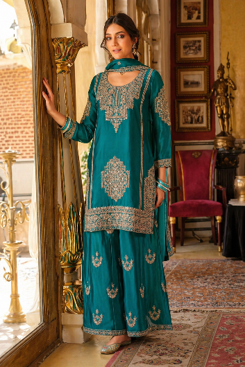 Eba Ava Teal Green Silk Embroidered Sharara Set