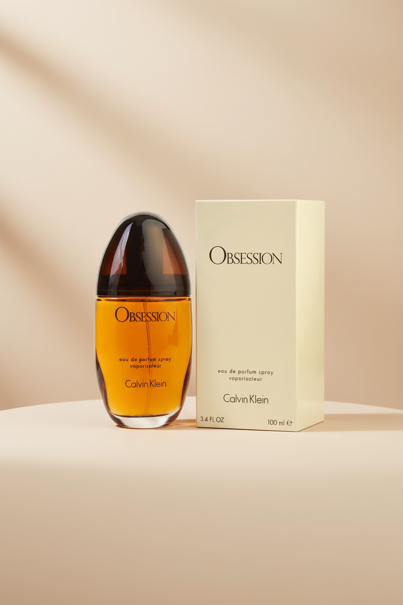 Calvin Klein Obsession perfume bottle and packaging on a white background