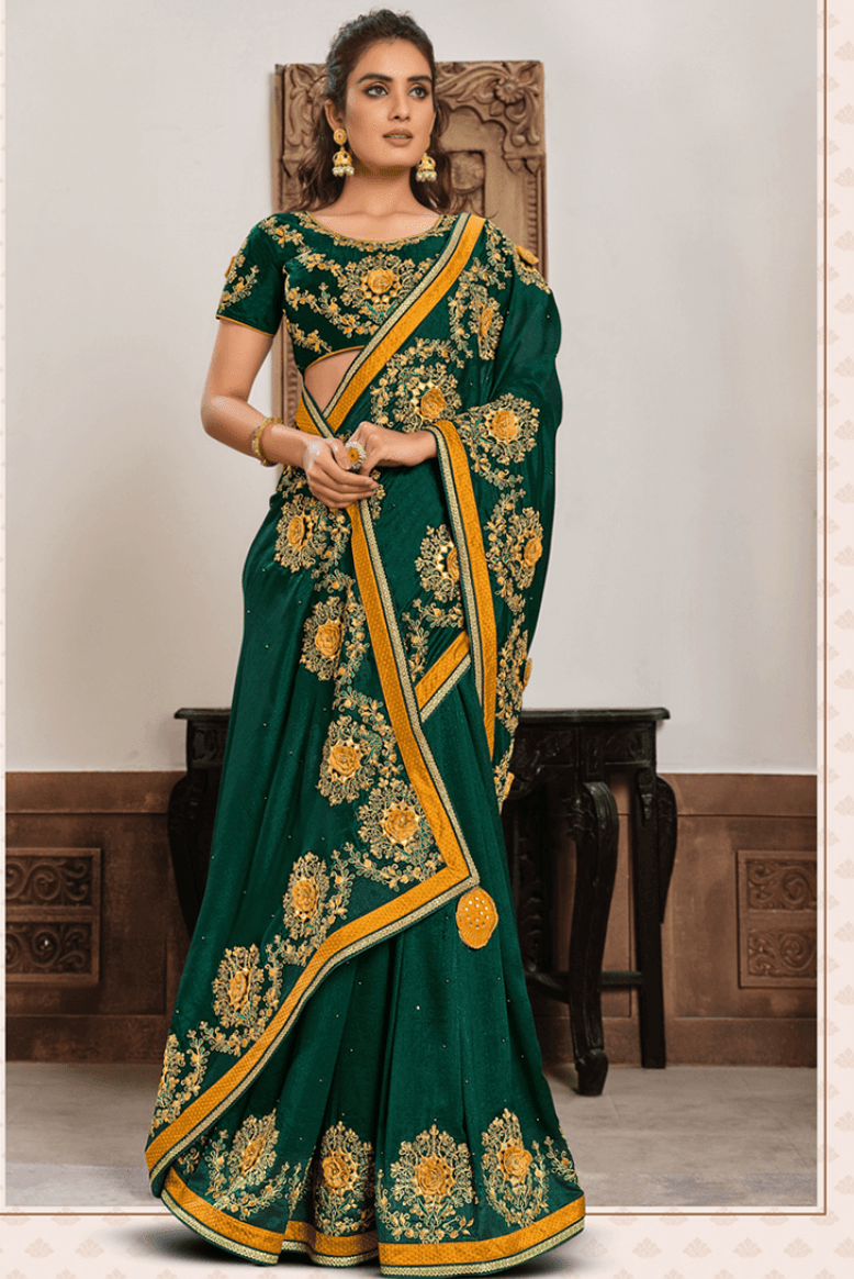 Deep Green Silk Georgette Embroidery Work  Saree