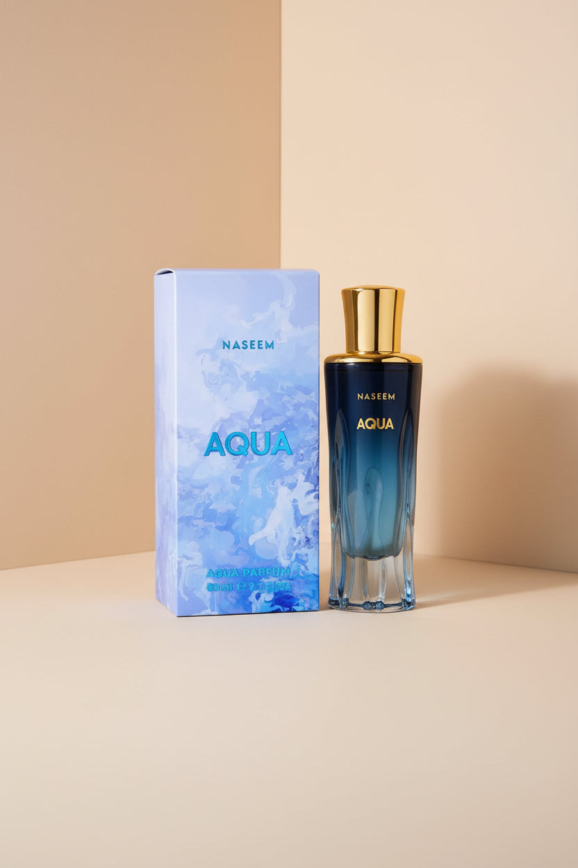 Naseem Aqua perfume bottle and packaging on a white background
