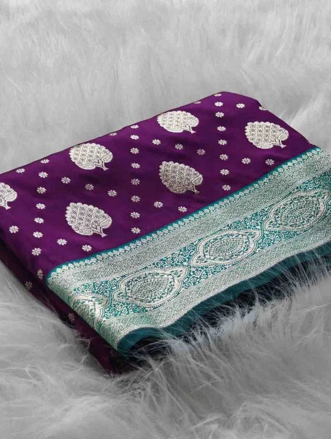 Royal Purple with teal green Border Premium Banarasi Silk Saree with Red Border Premium Banarasi Silk Saree