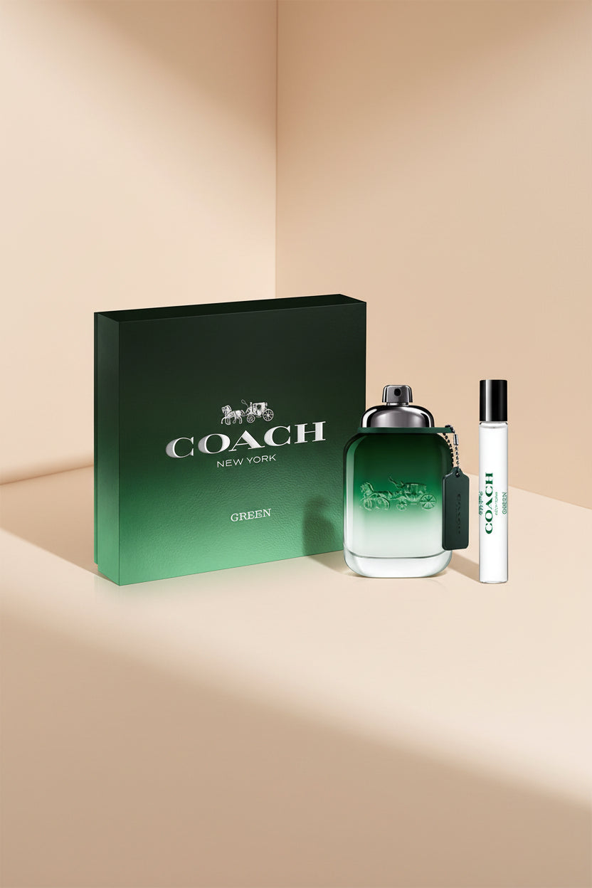 Coach New York Green perfume set with a large green box, two bottles, and a smaller rollerball on a white background.