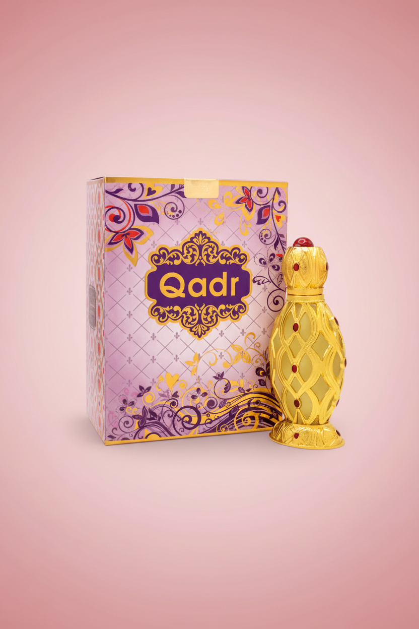 Gold and purple 'Qadr' perfume bottle and packaging on a white background
