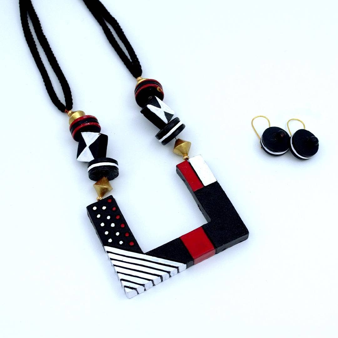 Square Bohemian Jewelry Set | Clay Necklace | Boho Jewelry