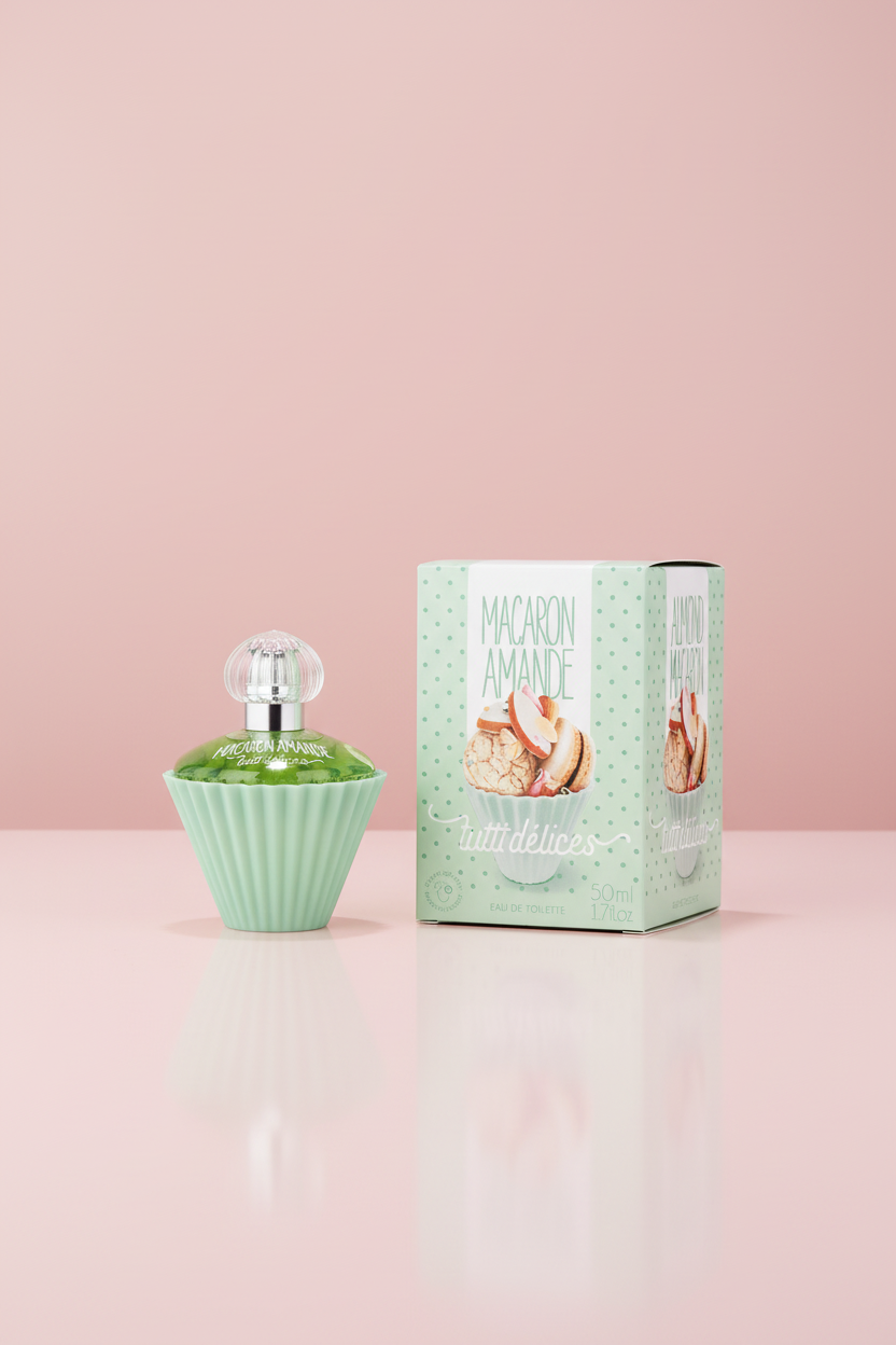 Green cupcake-shaped perfume bottle with packaging labeled 'Macaron Amande' on a white background