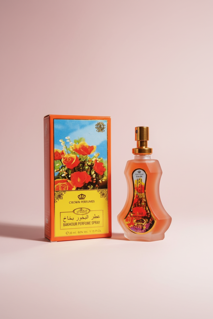 Bakhour perfume spray bottle and packaging with floral design on a white background