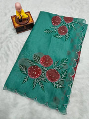 Teal Green with red floral Soft Tabby Organza With Digital Printed Saree