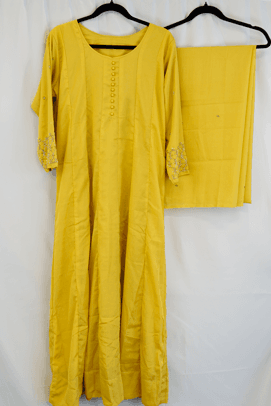 Mustard Yellow Flared Kurta with Embellished Sleeves