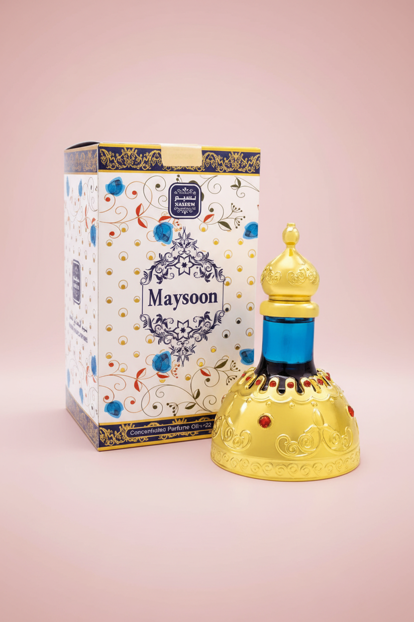 Maysoon perfume bottle and packaging on a white background