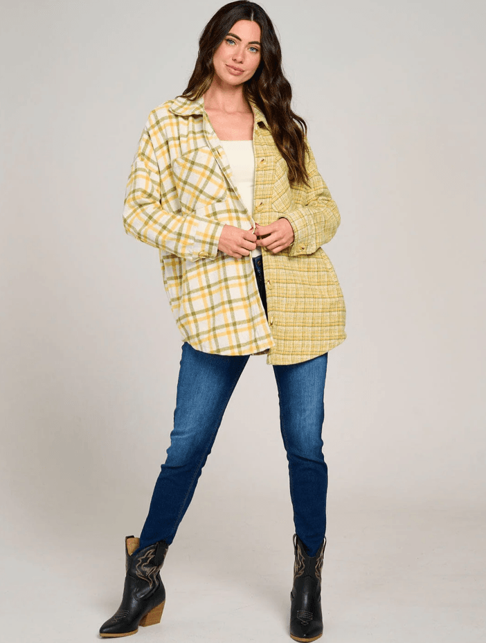 Yellow & Cream Dual Plaid Button-Up Shacket