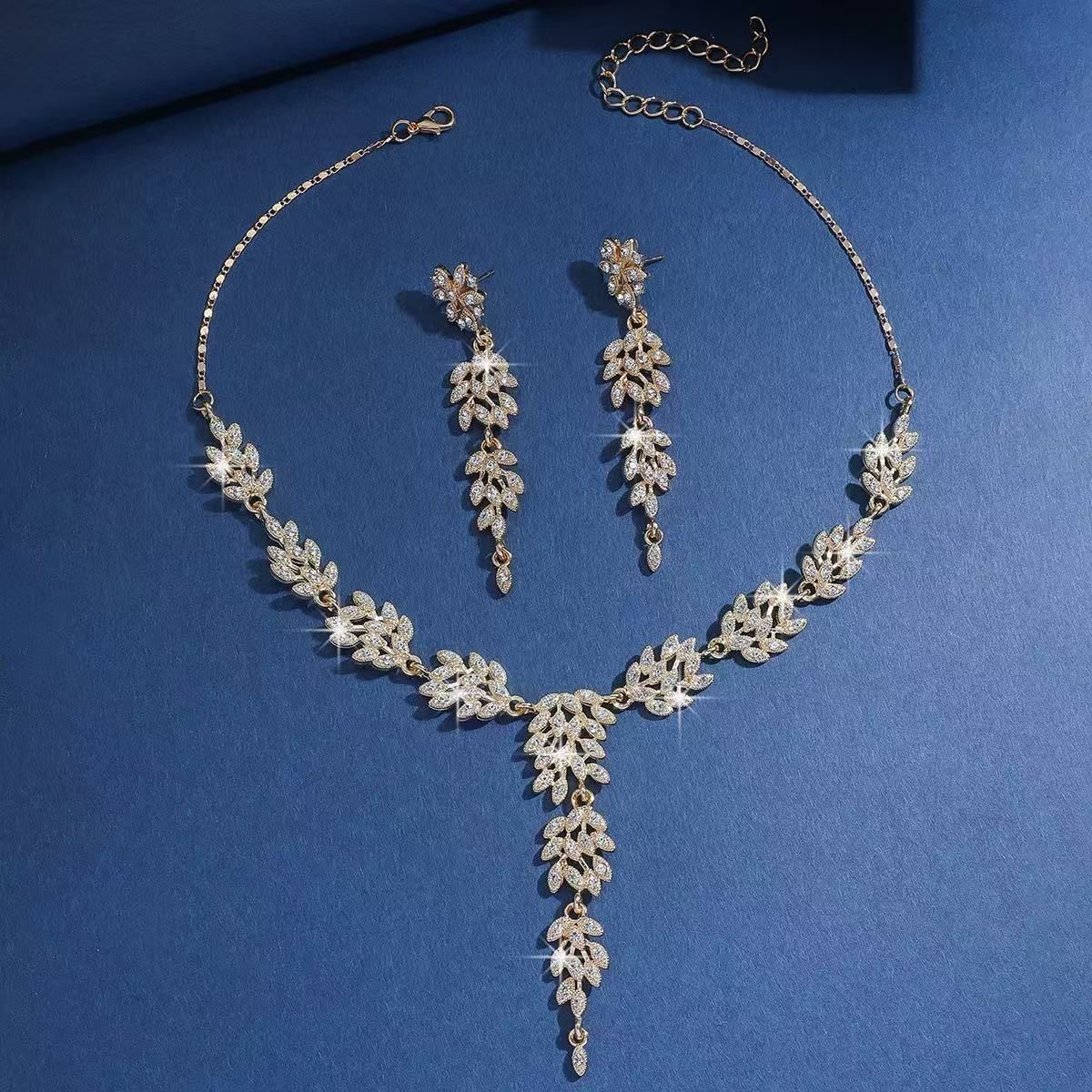 Gold Leaf Crystal Necklace & Earrings Set