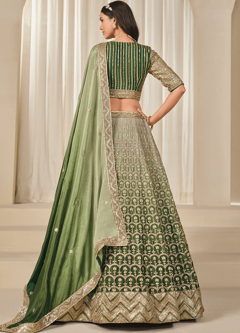 Dark Green Chinon Silk Sequin Work Lehenga Choli