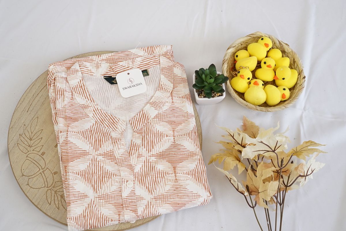 Off-White & Rust Abstract Printed Rayon Kurta