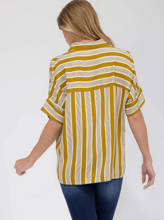 Mustard & White Striped Button-Up Short Sleeve Blouse