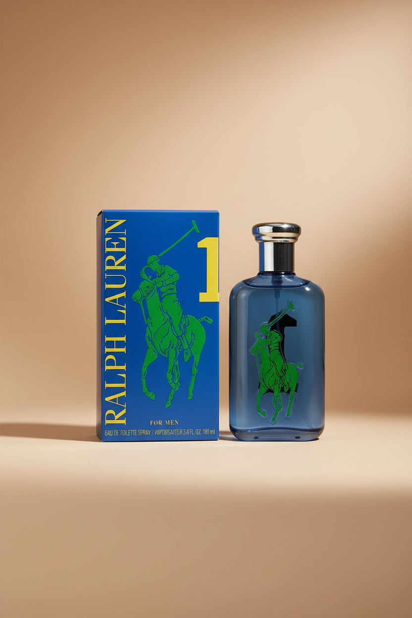 Ralph Lauren perfume bottle and packaging with blue and green design.