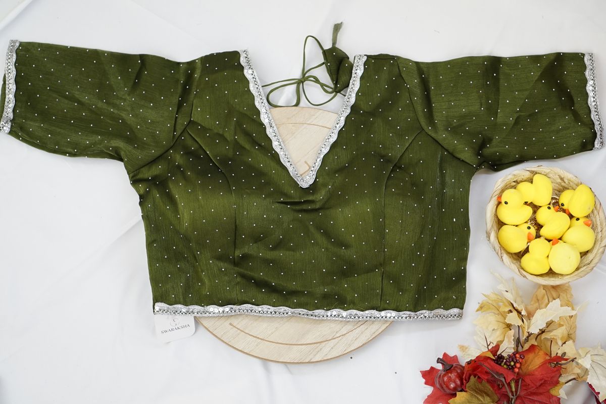 Olive Green Silver-Trim Party Wear Blouse with Elbow Sleeves