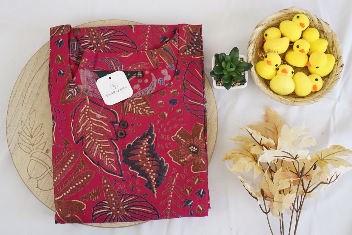 Rust Red Leaf Printed Rayon Kurta