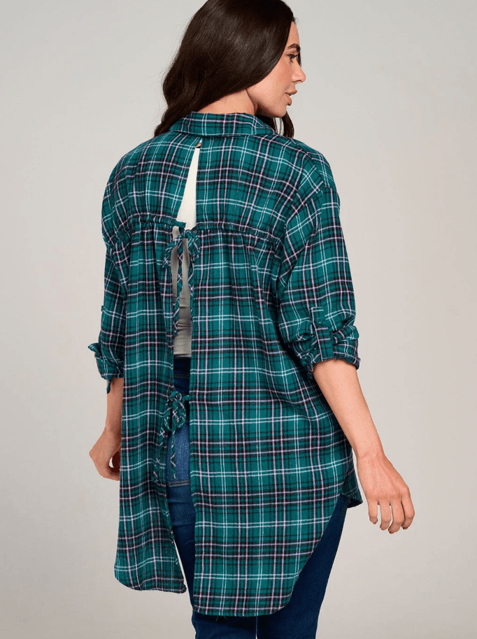 Green Plaid High-Low Open Back Button-Up Shirt