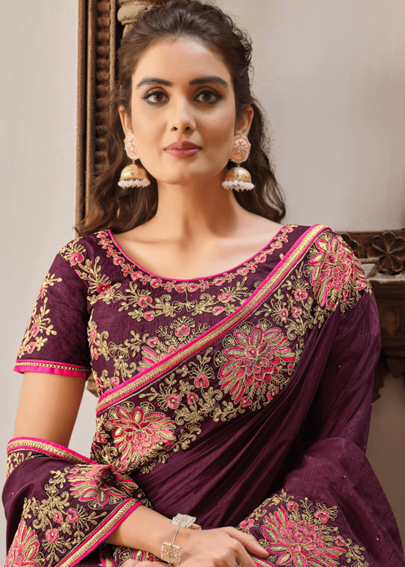Mauve Pink Silk Georgette Embroidery Work  Wear Saree