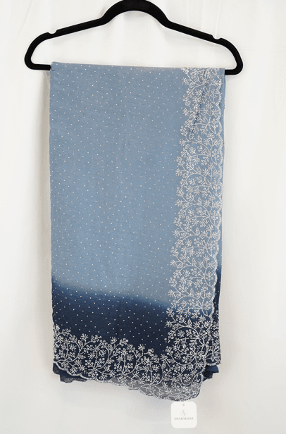 Steel Blue Ombre Georgette Saree with Silver Sequin Embroidered Floral Border