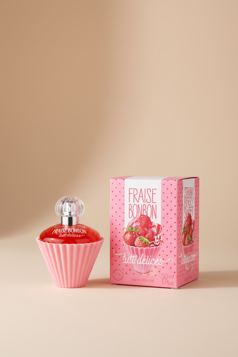 Fraise Bonbon perfume bottle and packaging on a white background