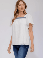 Women’s Short Ruffle Sleeve Square Neck Trim Detailed Tunic Blouse