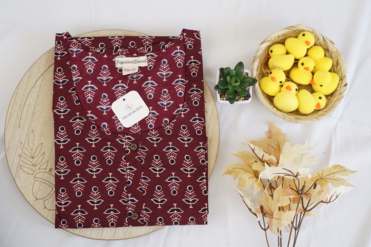 Maroon & Peach Ethnic Motif Printed Rayon Kurta