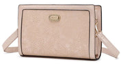 Chic Beige Floral Embossed Sling Bag with Gold Emblem