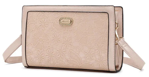 Chic Beige Floral Embossed Sling Bag with Gold Emblem