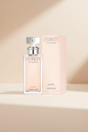 Calvin Klein Eternity for women perfume bottle and packaging on a white background
