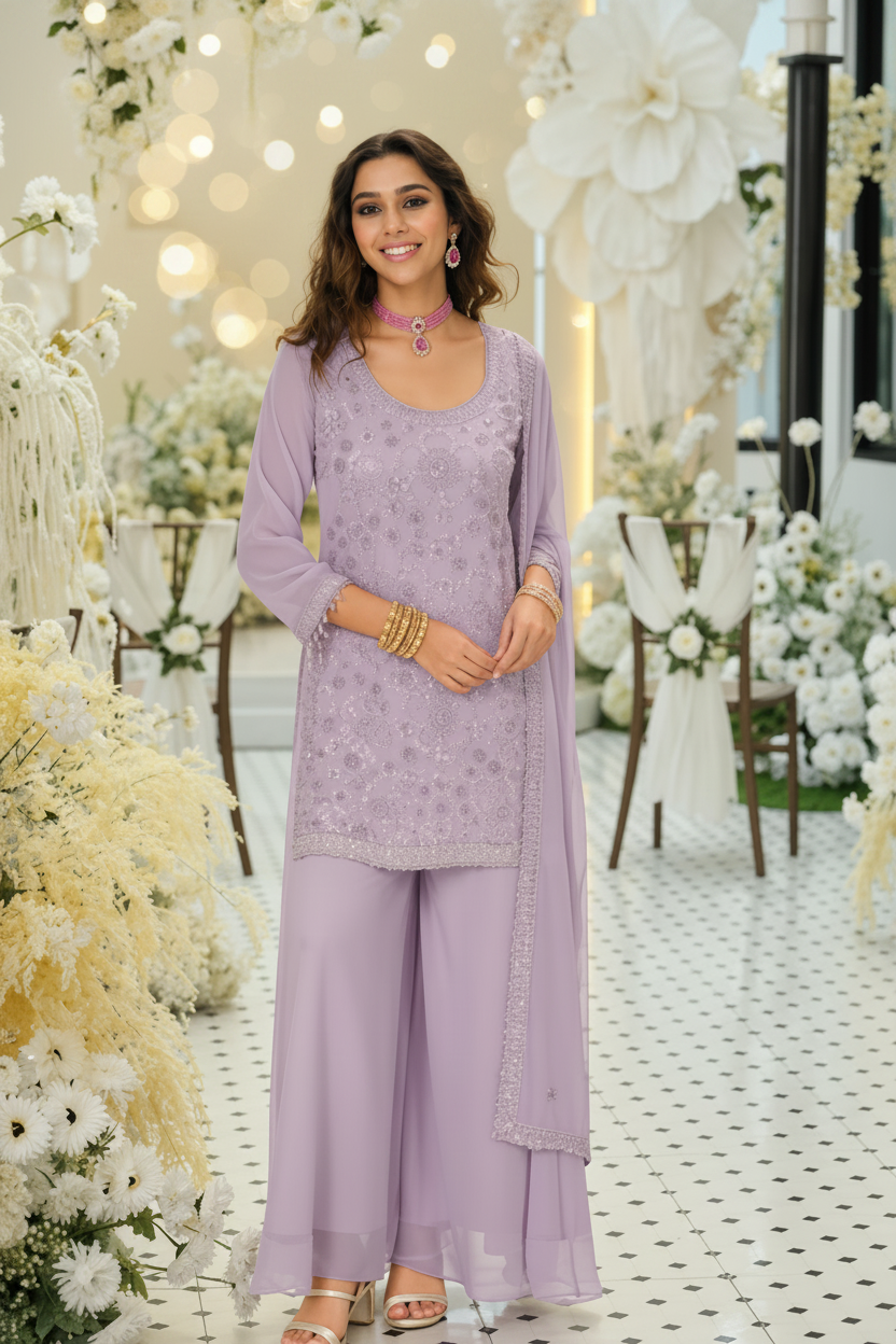 Lavender Embroidered Sharara Suit Set