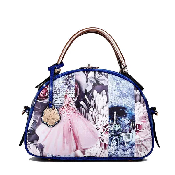 Blue and Pink Graphic Print Dome Satchel Bag