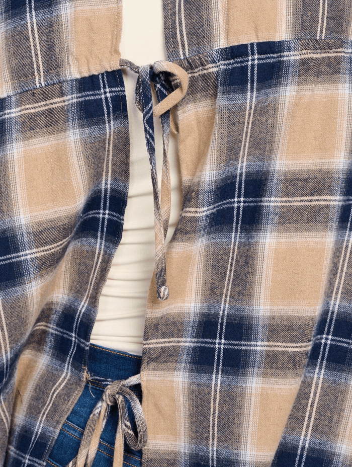 Beige & Navy Plaid High-Low Open Back Button-Up Shirt