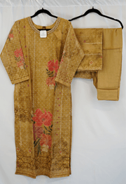 Antique Mustard Floral Printed Silk Kurti Set with Gota Embellishments