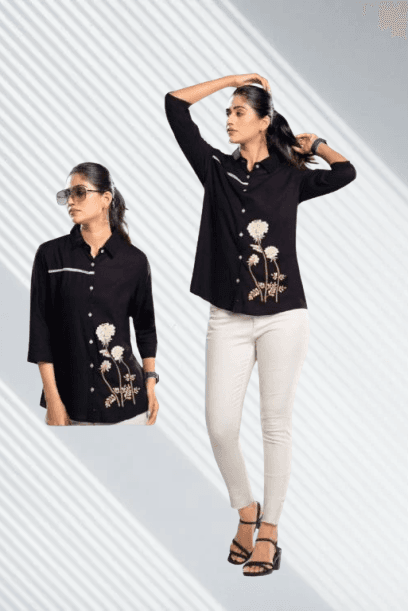 Black Gaabaa Rayon Slub Casual Wear Tops