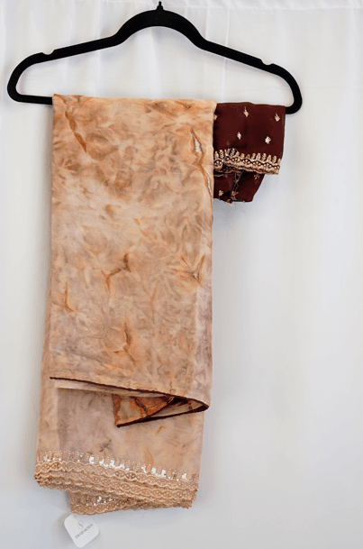 Beige Marble Print Saree with Sequined Border and Maroon Embroidered Blouse