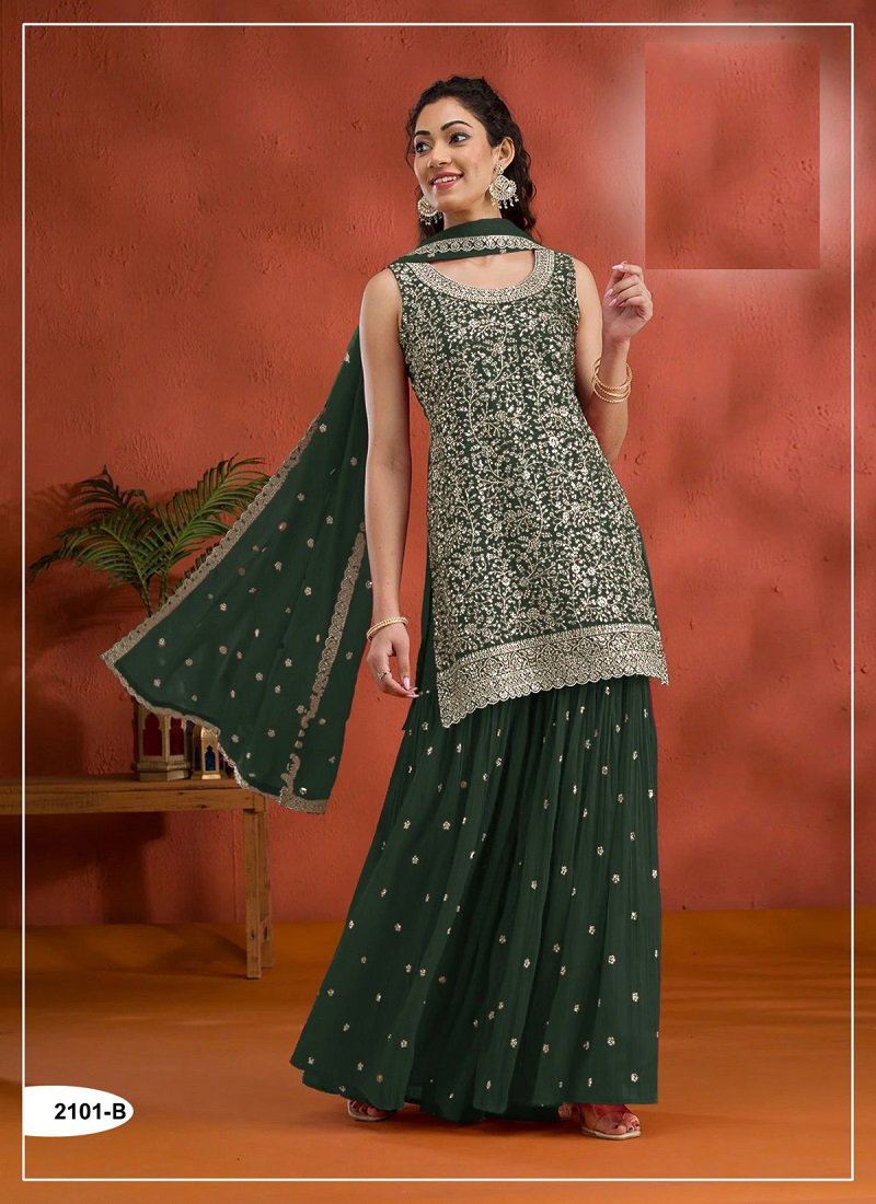 Bottle Green Georgette Embroidered Sharara Set