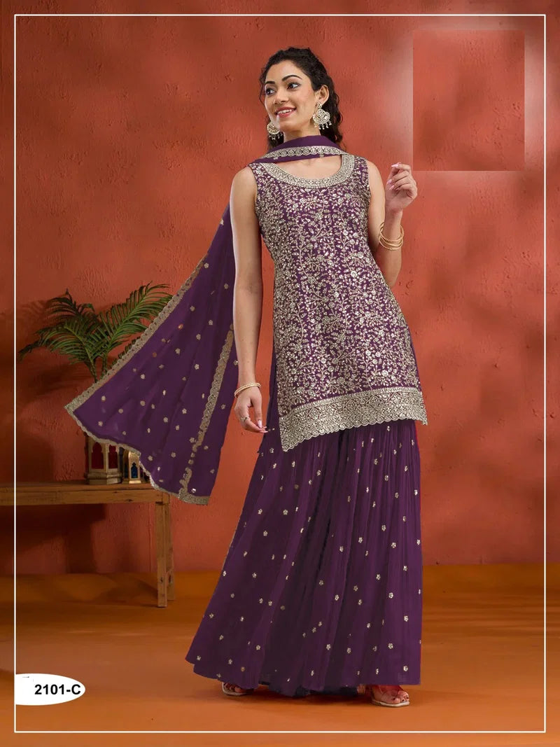 Wine Purple Georgette Thread Work Sharara Set