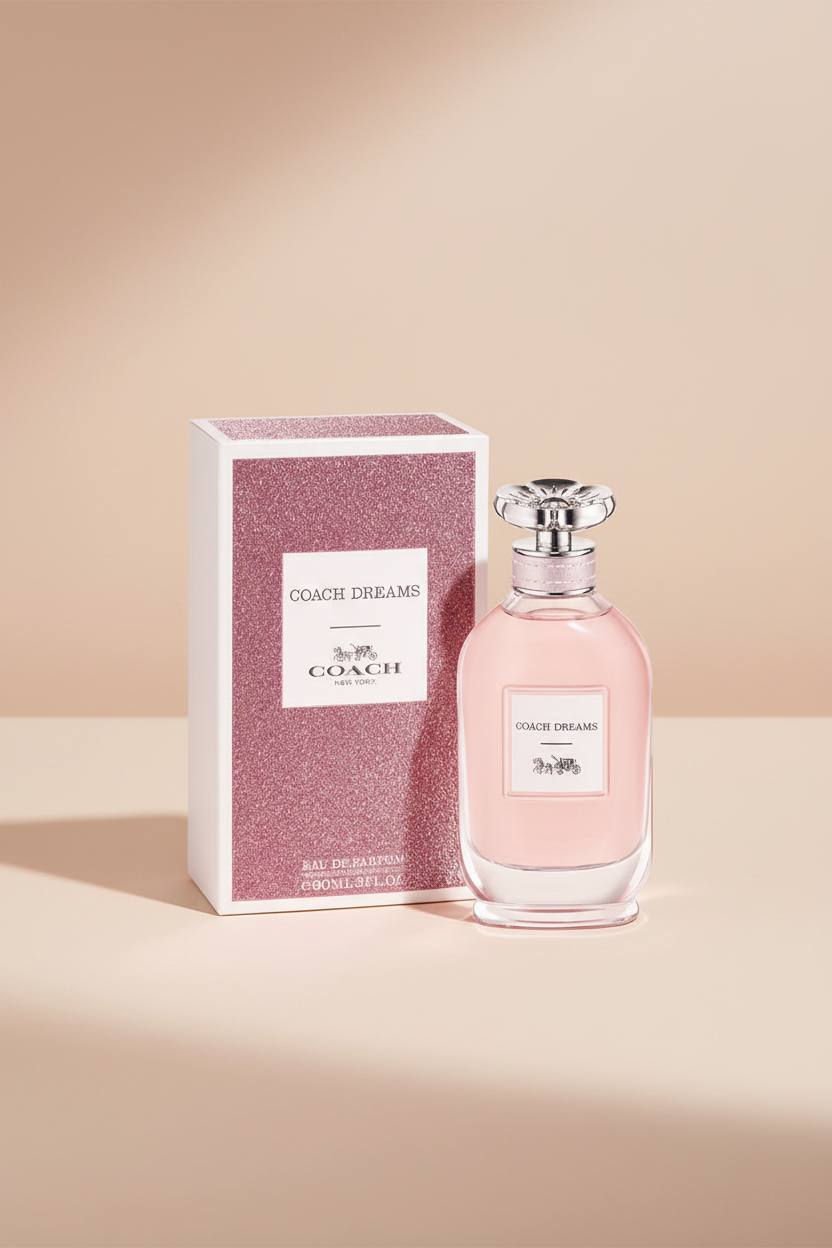 Coach Dreams perfume bottle and packaging on a white background