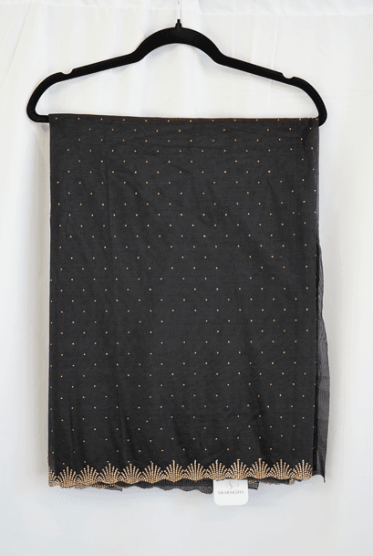 Jet Black Net Saree with Gold Bead and Sequin Embroidered Border