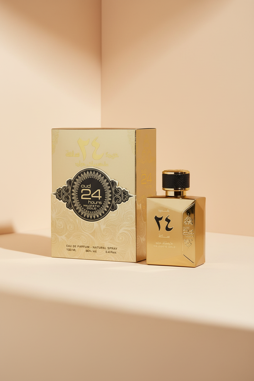 Oud 24 Hours Majestic Gold perfume bottle and packaging on a dark background