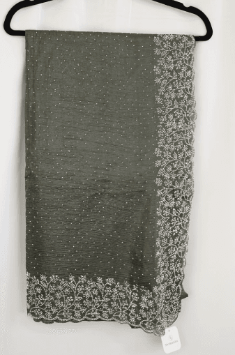 Olive Green Georgette Saree with Pearl Beaded Border and Floral Embroidery