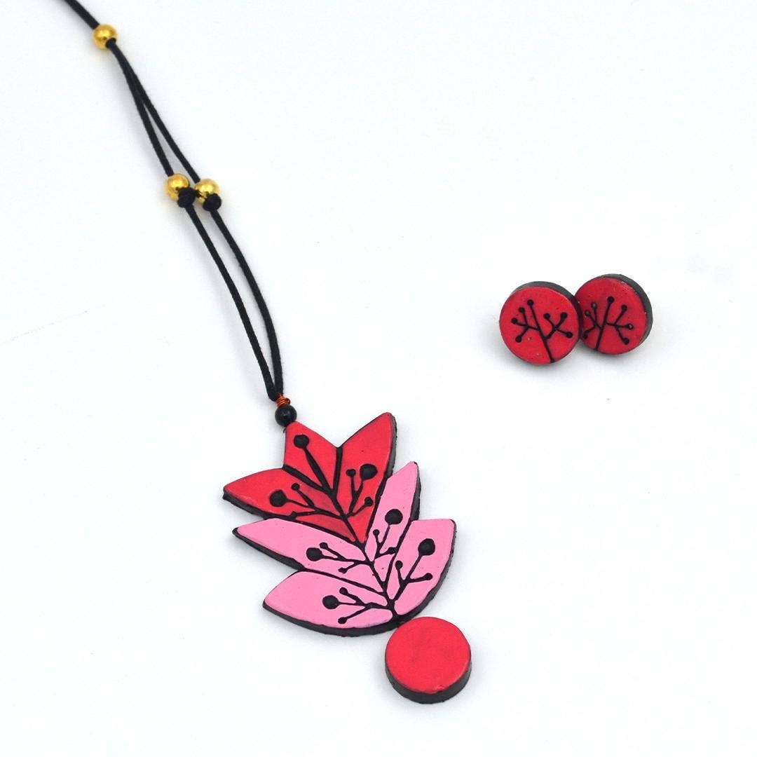 Pink Leaf Maple Jewelry Set | Clay Necklace and Earrings