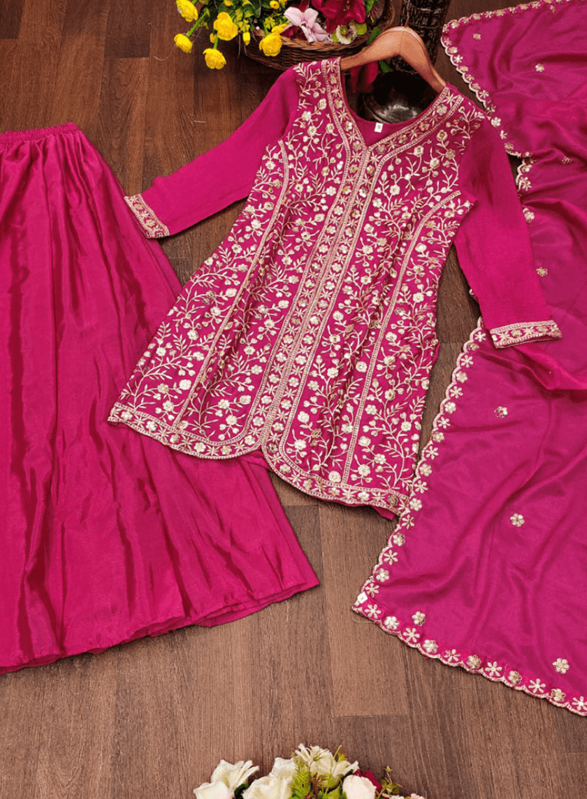 Magenta Embroidered Silk Kurti Sharara Set with Dupatta