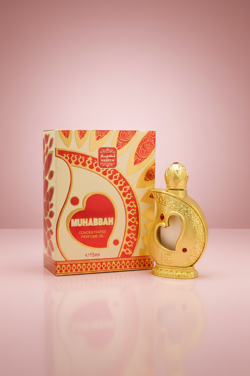 Muhabbah concentrated perfume oil bottle and packaging with decorative design.