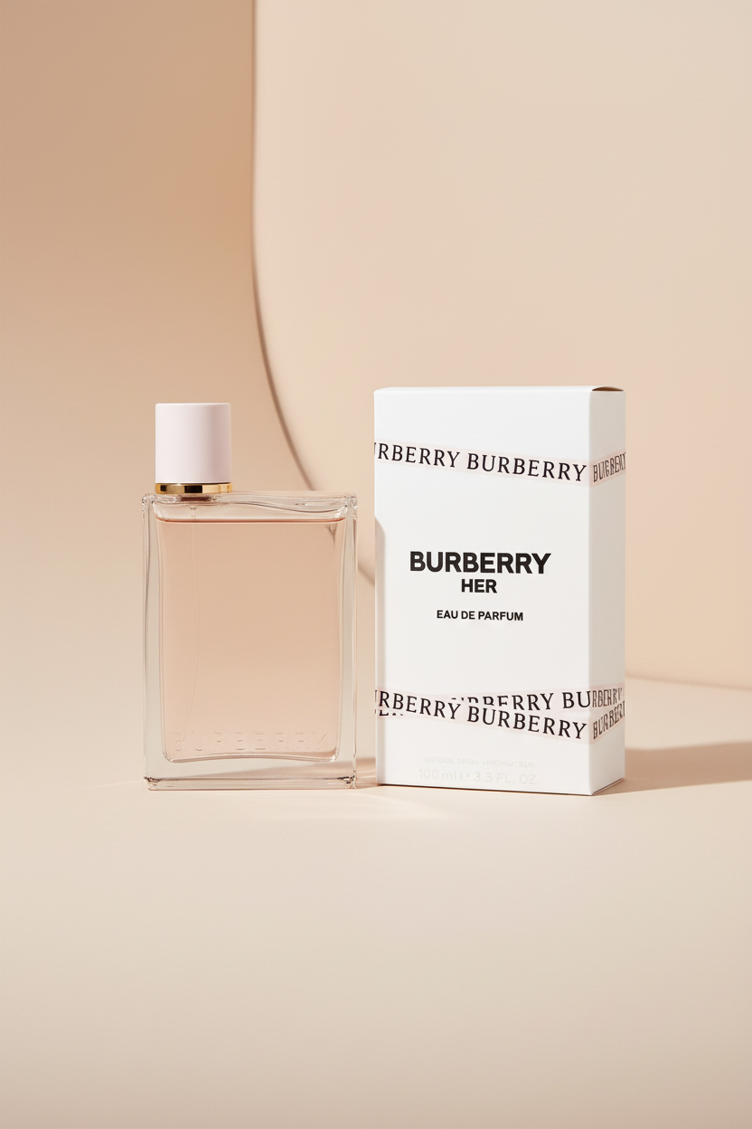 Burberry Her Eau de Parfum bottle and packaging on a white background