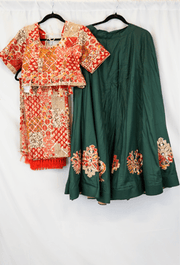 Forest Green and Maroon Garba Lehenga Set with Brocade Blouse and Embroidered Dupatta