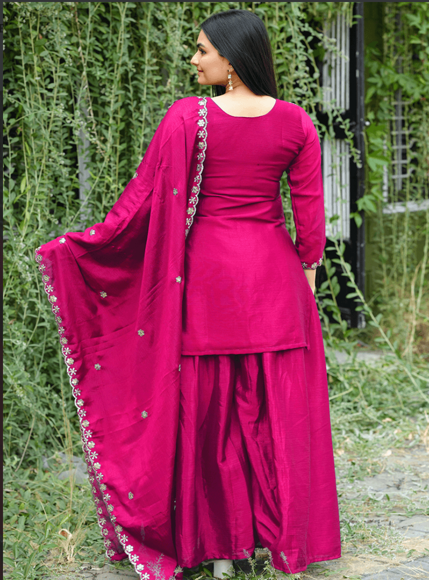 Magenta Embroidered Silk Kurti Sharara Set with Dupatta