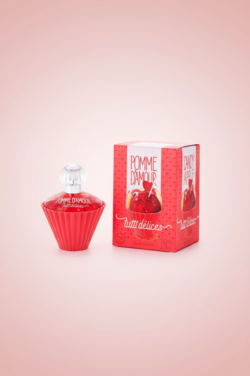 Red perfume bottle and packaging with 'Pomme d'Amour' branding on a white background