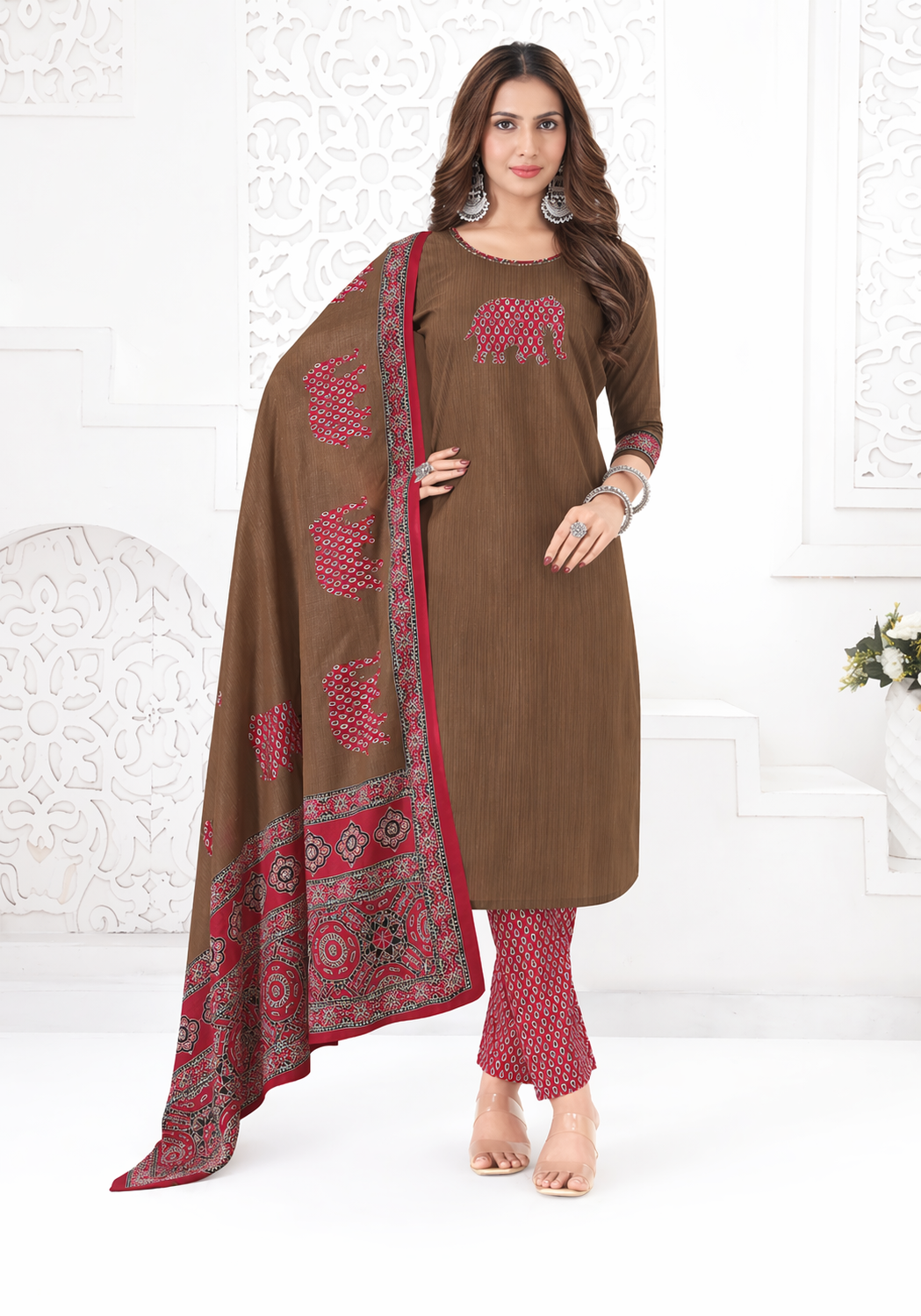 Red Elephant Print Kurta Set with Designer Dupatta